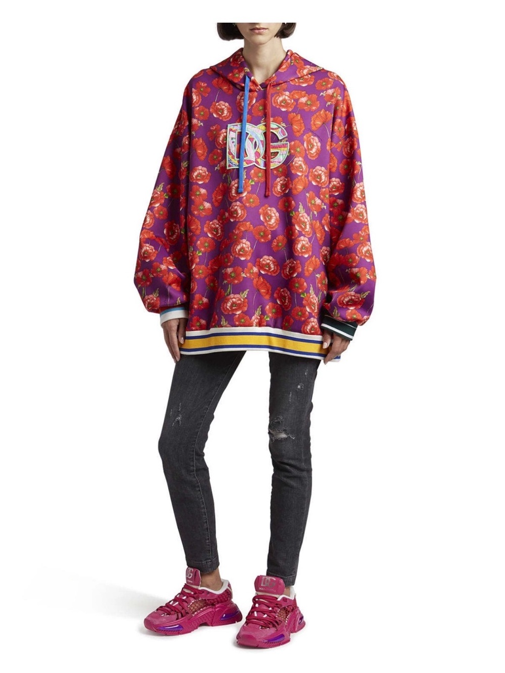 Dolce & Gabbana Floral Poppy Print Logo Patch Oversized Sweatshirt Hoodie